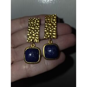 Moda Di Pietra Square Cabachon Lapis Earrings. 18k Gold Over Bronze